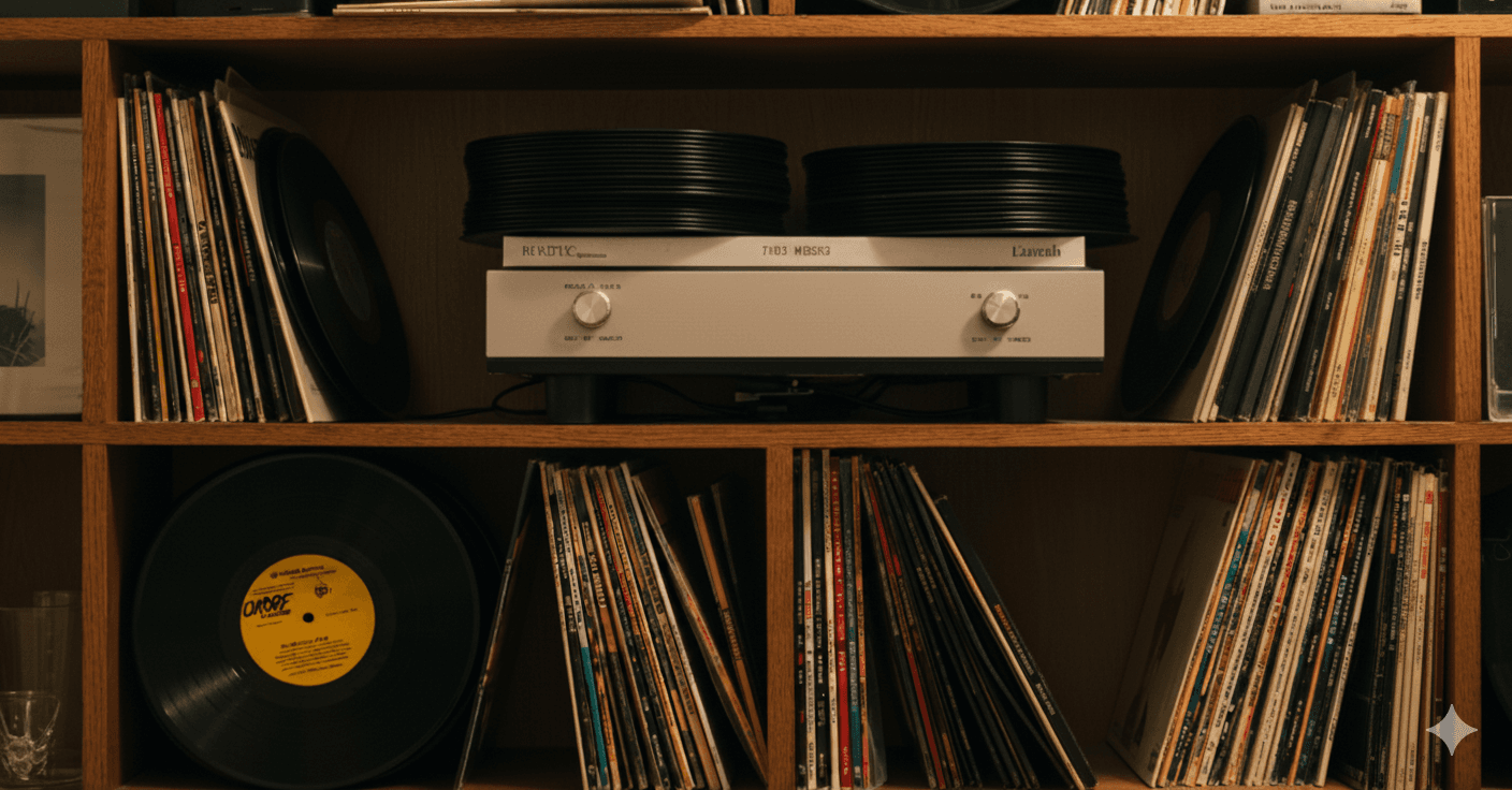 Estante de discos de vinil e equipamento de áudio